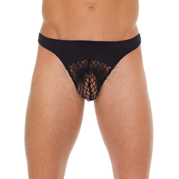 Mens Black GString With A Net Pouch-0