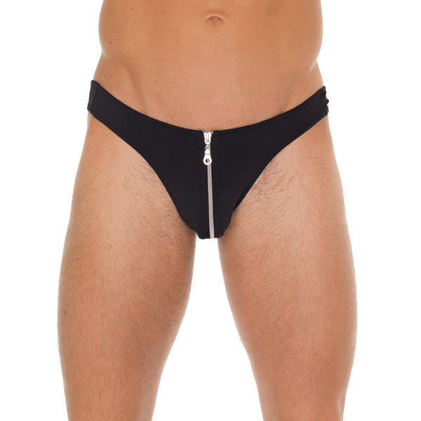 Mens Black GString With Zipper On Pouch-0