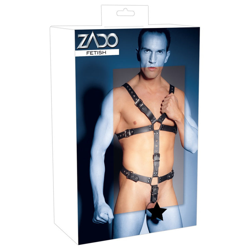 Zado Mens Leather Adjustable Harness With Cock Ring-3