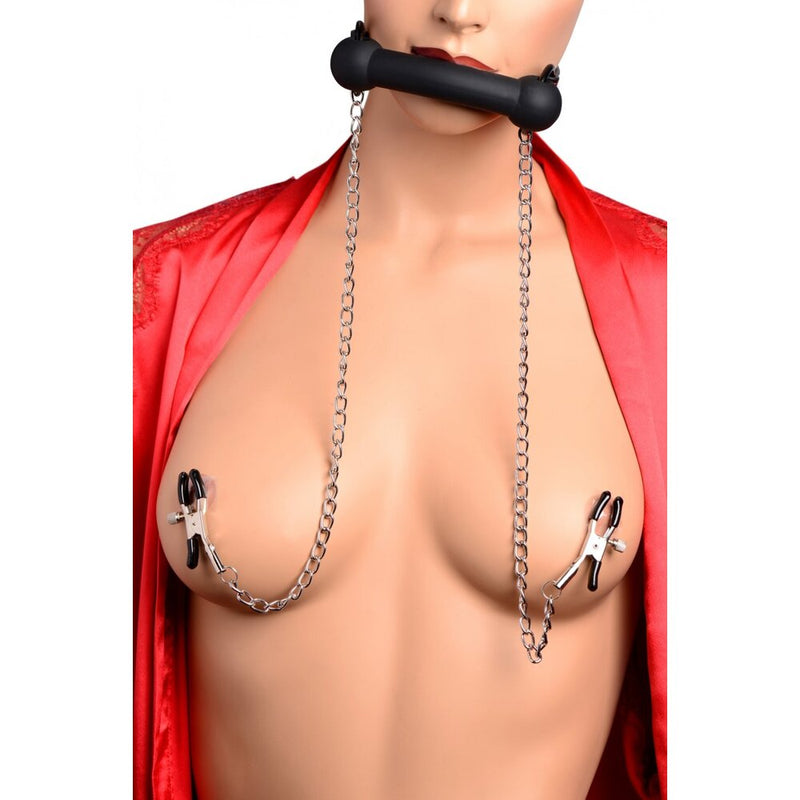 > Bondage Gear > Gags And Bits - XR Silicone Bit Gag With Nipple Clamps