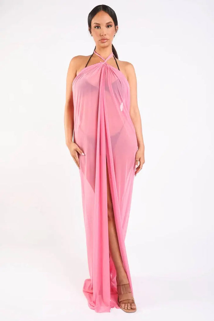 Haltered front slit maxi coverup Maxi Dress Pink