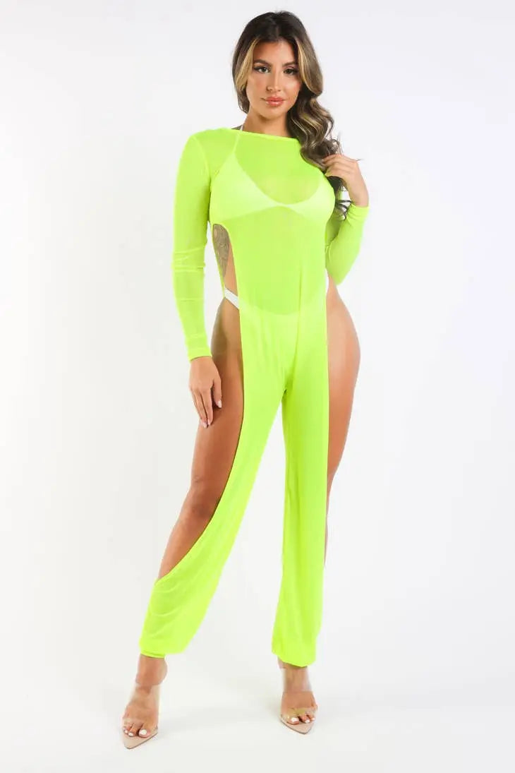 Mesh coverup jumpsuit Neon Yellow