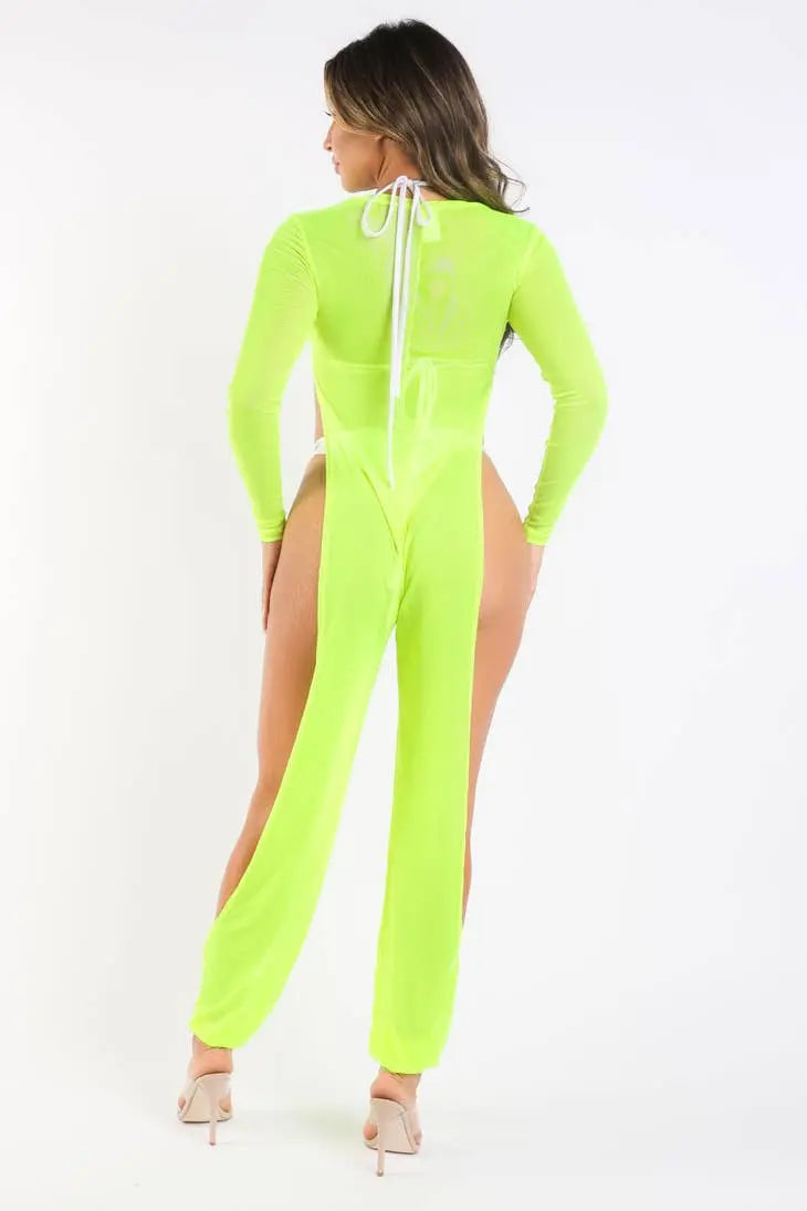 Mesh coverup jumpsuit Neon Yellow