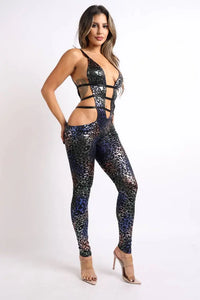 Multi Leopard Foiled Cutout String Detailed Jumpsuit