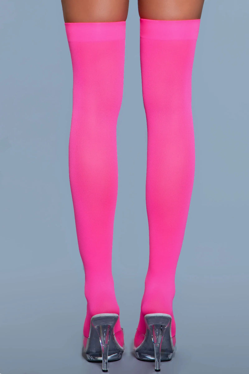 Opaque Nylon Thigh Highs Neon Pink