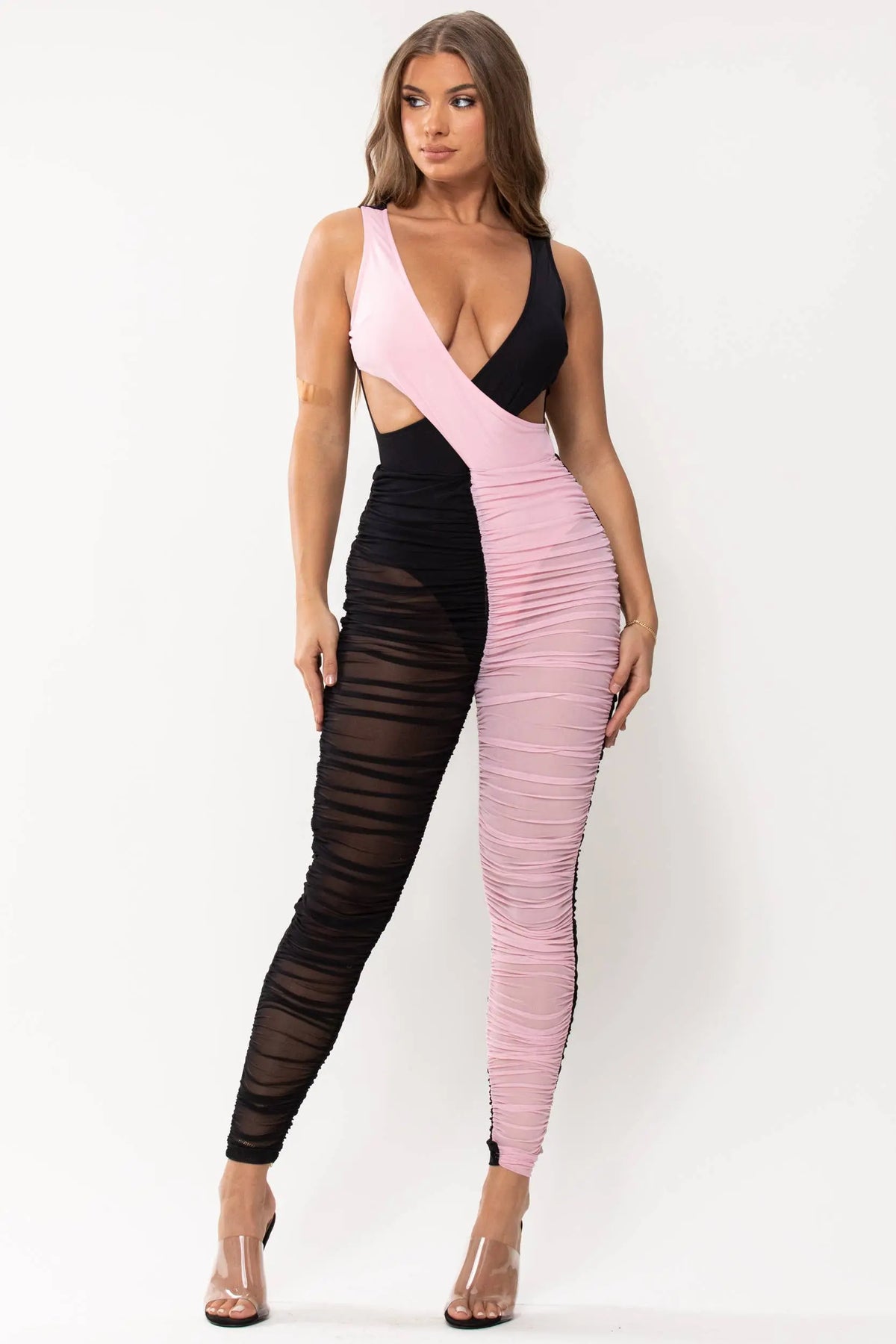 2 Colors Crossed Ruched Mesh Jumpsuit Black/Pink