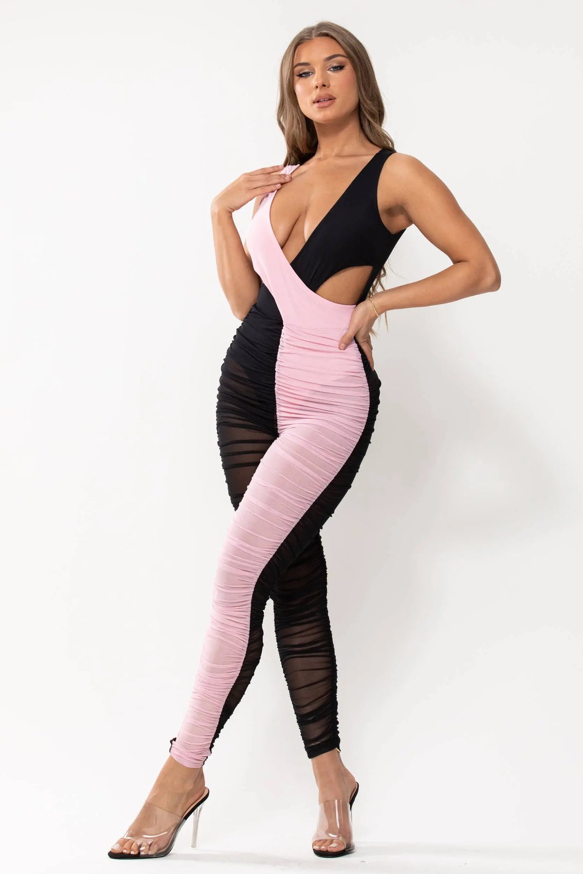 2 Colors Crossed Ruched Mesh Jumpsuit Black/Pink