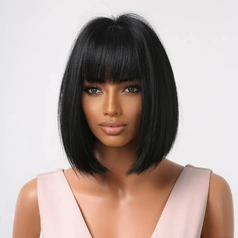 Short Bob Straight Black Wigs With Bangs Heat Resistant With Wing Cap