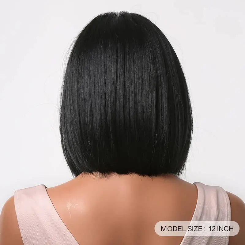 Short Bob Straight Black Wigs With Bangs Heat Resistant With Wing Cap