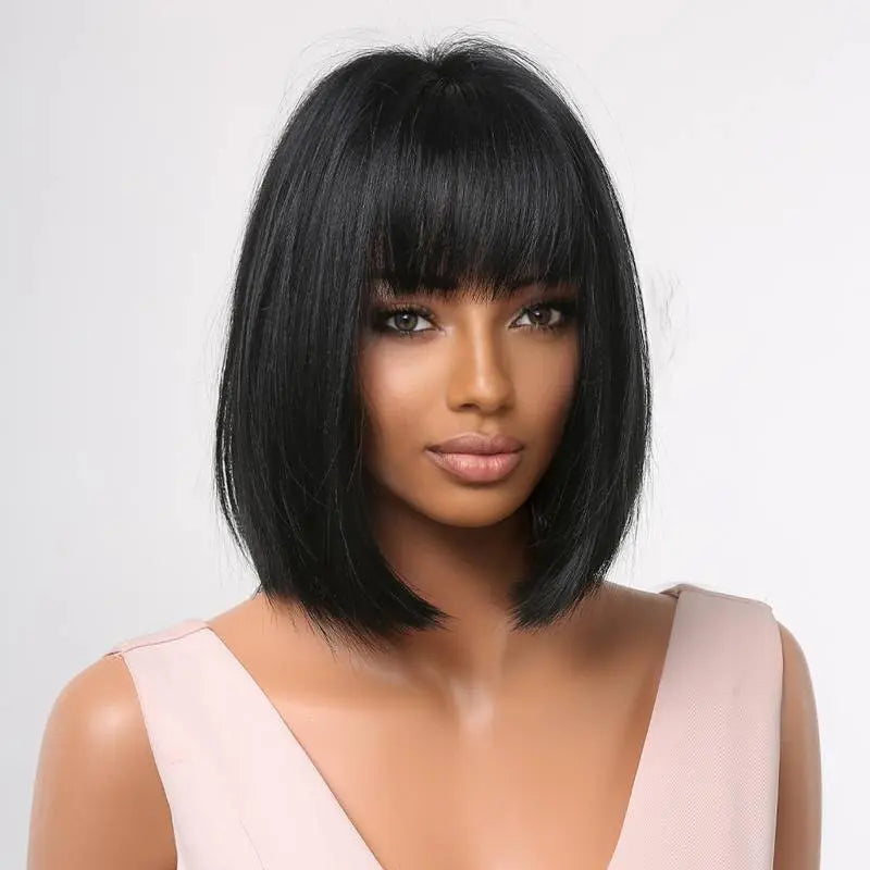 Short Bob Straight Black Wigs With Bangs Heat Resistant With Wing Cap