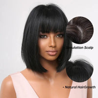 Short Bob Straight Black Wigs With Bangs Heat Resistant With Wing Cap