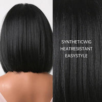 Short Bob Straight Black Wigs With Bangs Heat Resistant With Wing Cap