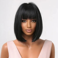 Short Bob Straight Black Wigs With Bangs Heat Resistant With Wing Cap