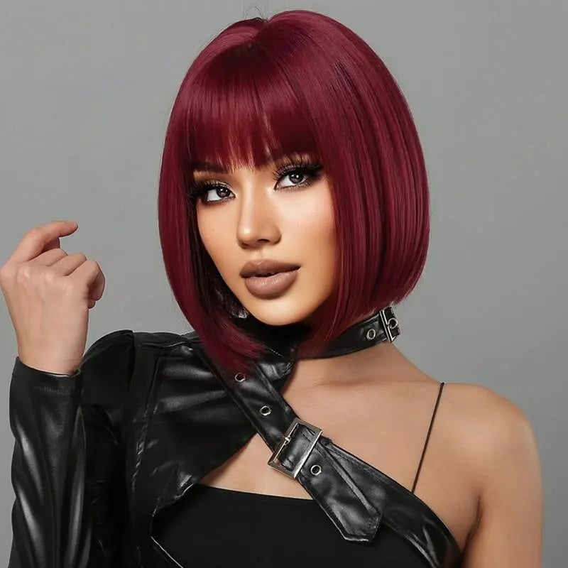 Short Bob Straight Wine Red Synthetic Bangs Wig For Cosplay Party With Wig Cap