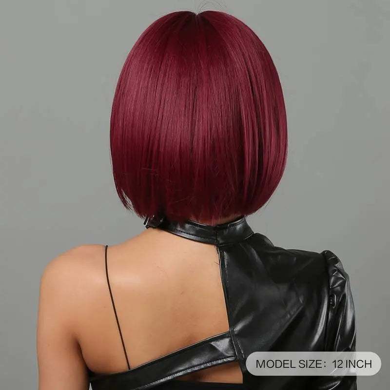 Short Bob Straight Wine Red Synthetic Bangs Wig For Cosplay Party With Wig Cap