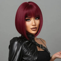 Short Bob Straight Wine Red Synthetic Bangs Wig For Cosplay Party With Wig Cap