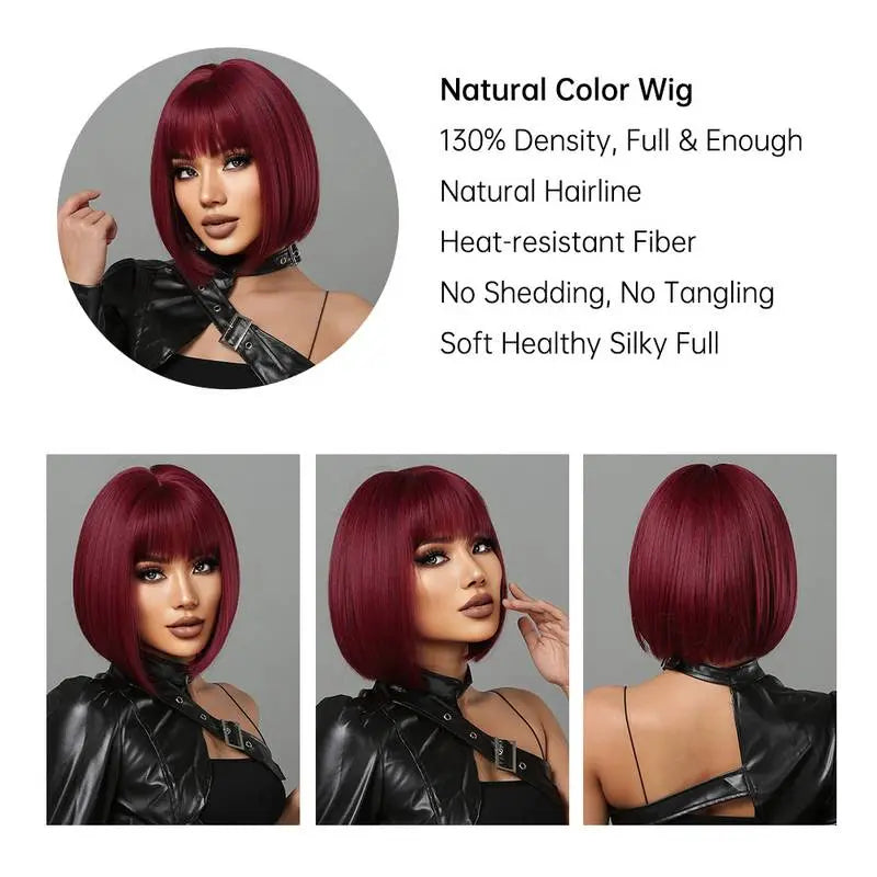 Short Bob Straight Wine Red Synthetic Bangs Wig For Cosplay Party With Wig Cap