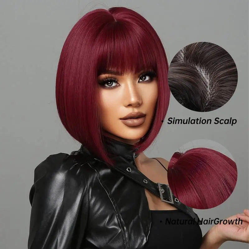 Short Bob Straight Wine Red Synthetic Bangs Wig For Cosplay Party With Wig Cap