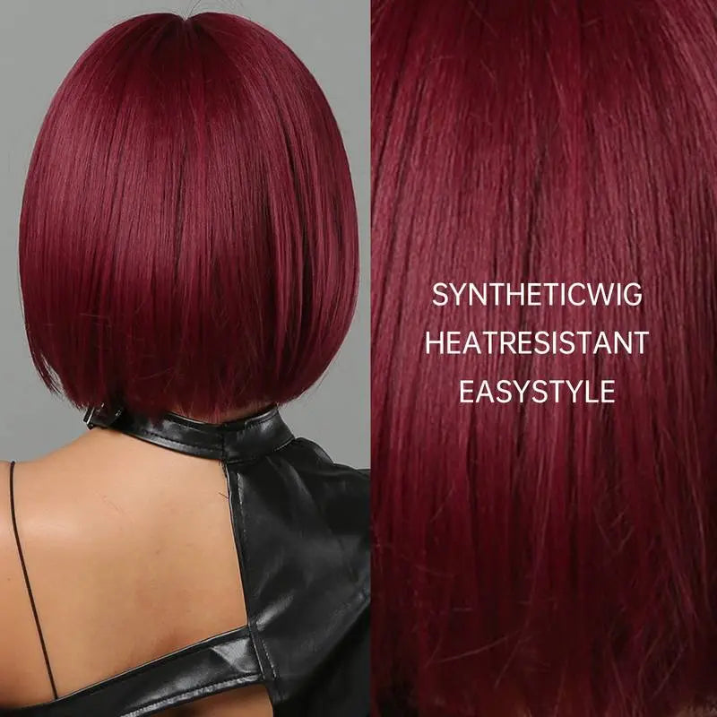 Short Bob Straight Wine Red Synthetic Bangs Wig For Cosplay Party With Wig Cap