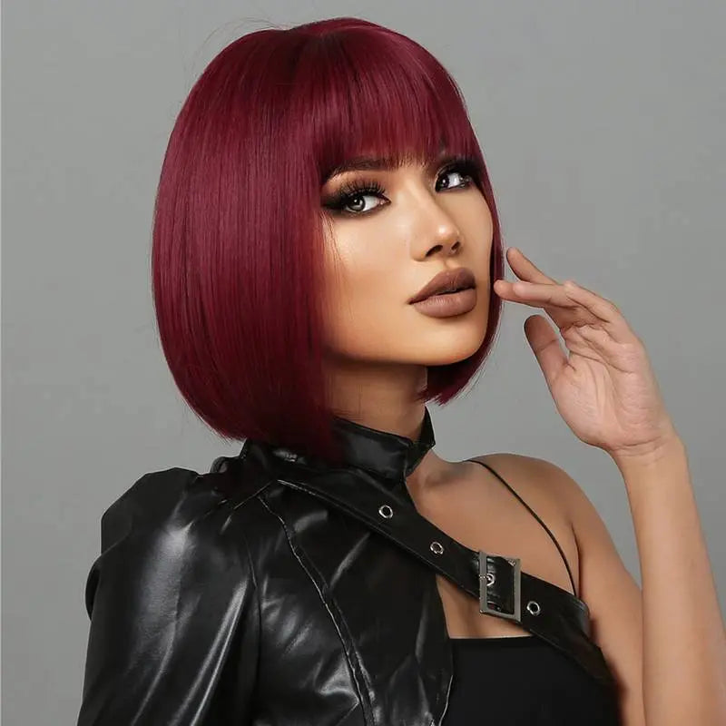 Short Bob Straight Wine Red Synthetic Bangs Wig For Cosplay Party With Wig Cap